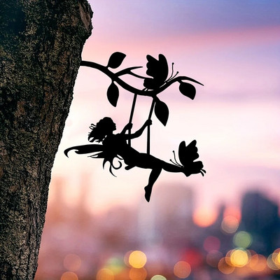 Swing Elf on Branch Tērauda siluets Metāla siena Māksla Mājas dārzs pagalms iekšpagalms āra statujas staba rotājums lieliski piemērots dzimšanas dienām