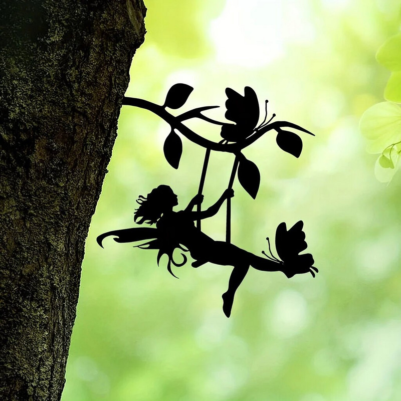 Swing Elf on Branch Tērauda siluets Metāla siena Māksla Mājas dārzs pagalms iekšpagalms āra statujas staba rotājums lieliski piemērots dzimšanas dienām