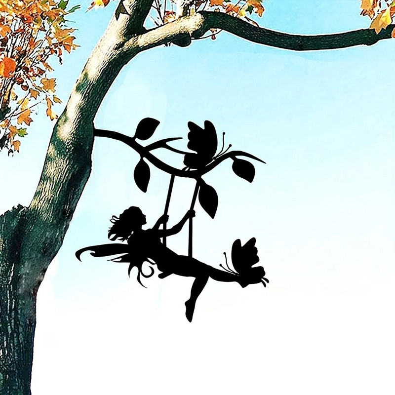 Swing Elf on Branch Tērauda siluets Metāla siena Māksla Mājas dārzs pagalms iekšpagalms āra statujas staba rotājums lieliski piemērots dzimšanas dienām