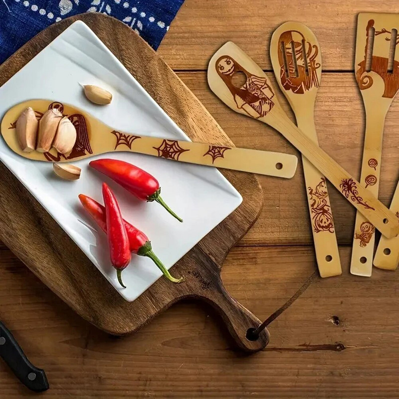 5 vnt./rinkinys Bambuko virtuvės reikmenų rinkinys su vaiduokliu Kalėdų senelio sniego senelio piešiniu gaminimui ir dekoravimui, Kalėdų Helovino dovana