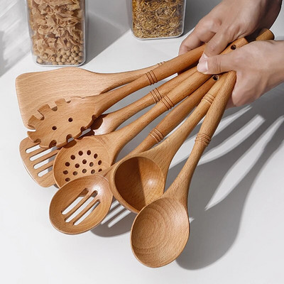 Set de ustensile de bucătărie din lemn cu design imbinare din bambus Nature Spaghetti Linguri din lemn Spatulă Wok pentru accesorii de gătit