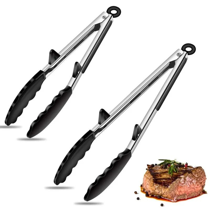 2 gab. Pārtikas knaibles Nerūsējošā tērauda virtuves knaibles ar nelīpošajiem silikona uzgaļiem, iebūvēta statīva spaiļu knaibles grilēšanai, salātiem, grilēšanai, cepšanai