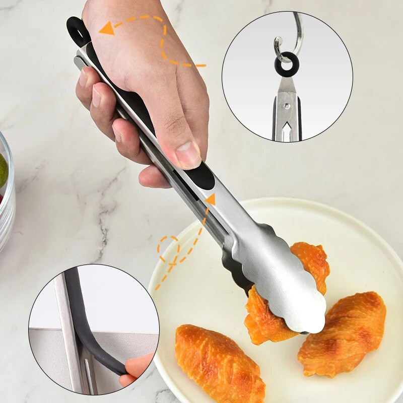 Grilltang roostevabast terasest praetud grillklambriga salatileivaklamber koos libisemiskindla käepidemega praad-spagetiklambriga köögitööriistad