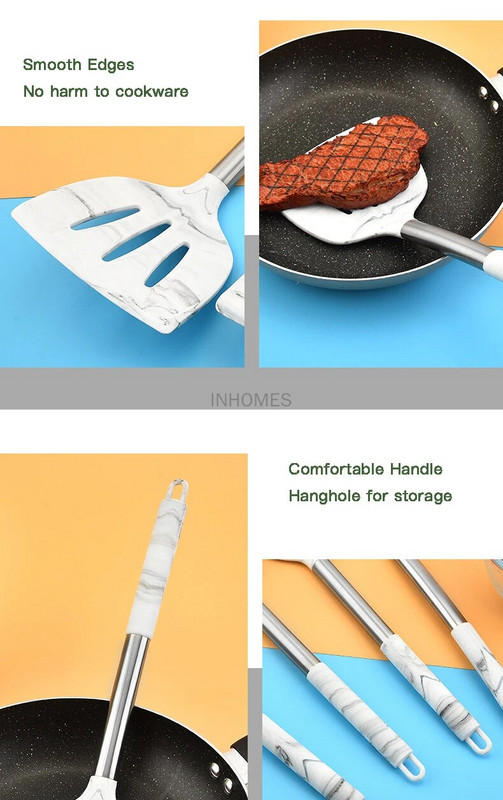 Nelipnus karščiui atsparus silikoninis Wok mentele Turner grandiklis Kastuvas Šaukštai Balto marmuro Virtuvė Maisto gaminimo Kepimo Įrankiai Indų rinkinys