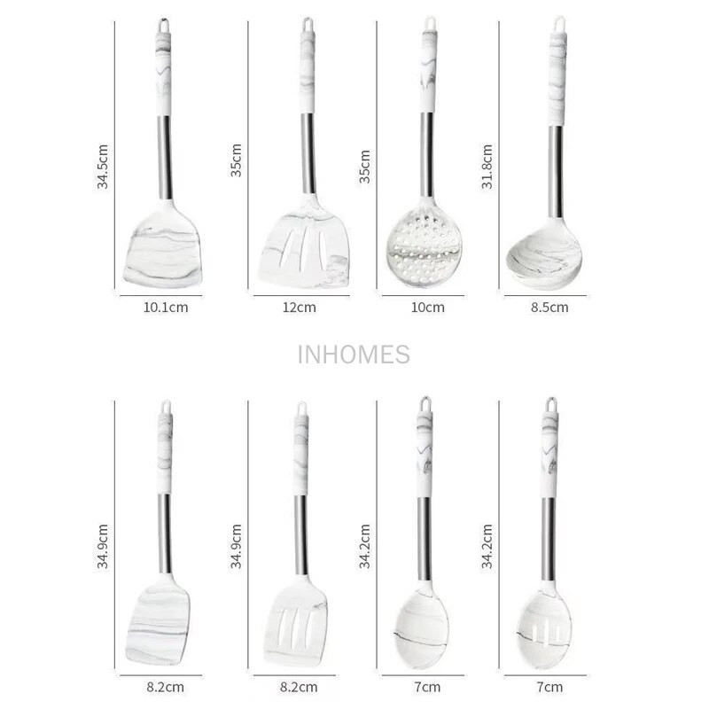 Nelipnus karščiui atsparus silikoninis Wok mentele Turner grandiklis Kastuvas Šaukštai Balto marmuro Virtuvė Maisto gaminimo Kepimo Įrankiai Indų rinkinys