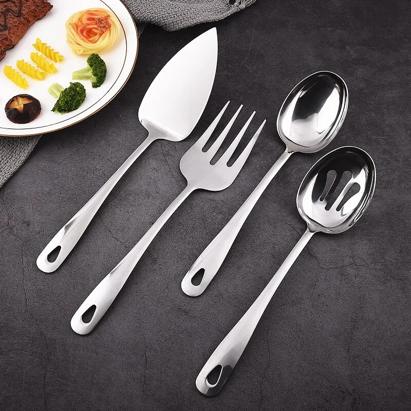 Nerūsējošā tērauda servēšanas virtuves piederumi Zupas karote ar garu rokturi dakšiņu caurduris Gatavošanas lāpstiņa bufete galda piederumu komplekts, sabiezināti galda piederumi