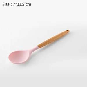 Virtuvės reikmenys Kepimo įrankiai Kietas virtuvės reikmenų rinkinys Medinė rankena su laikymo kibiru Rožinis silikoninis virtuvės reikmenų rinkinys 11 dalių