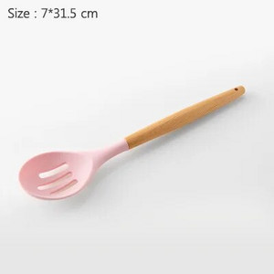 Virtuvės reikmenys Kepimo įrankiai Kietas virtuvės reikmenų rinkinys Medinė rankena su laikymo kibiru Rožinis silikoninis virtuvės reikmenų rinkinys 11 dalių