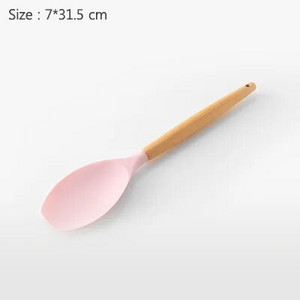 Virtuvės reikmenys Kepimo įrankiai Kietas virtuvės reikmenų rinkinys Medinė rankena su laikymo kibiru Rožinis silikoninis virtuvės reikmenų rinkinys 11 dalių