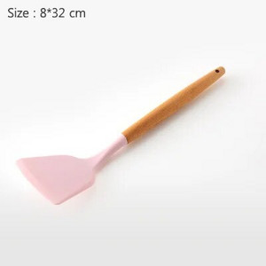 Virtuvės reikmenys Kepimo įrankiai Kietas virtuvės reikmenų rinkinys Medinė rankena su laikymo kibiru Rožinis silikoninis virtuvės reikmenų rinkinys 11 dalių