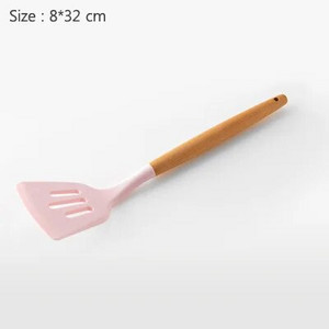 Virtuvės reikmenys Kepimo įrankiai Kietas virtuvės reikmenų rinkinys Medinė rankena su laikymo kibiru Rožinis silikoninis virtuvės reikmenų rinkinys 11 dalių