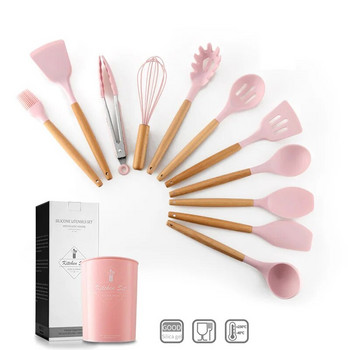 Σκεύη κουζίνας Εργαλεία ψησίματος Μασίφ Σετ μαγειρικά σκεύη Ξύλινη λαβή με κουβά αποθήκευσης Σετ μαγειρικά σκεύη ροζ σιλικόνης 11 τεμαχίων