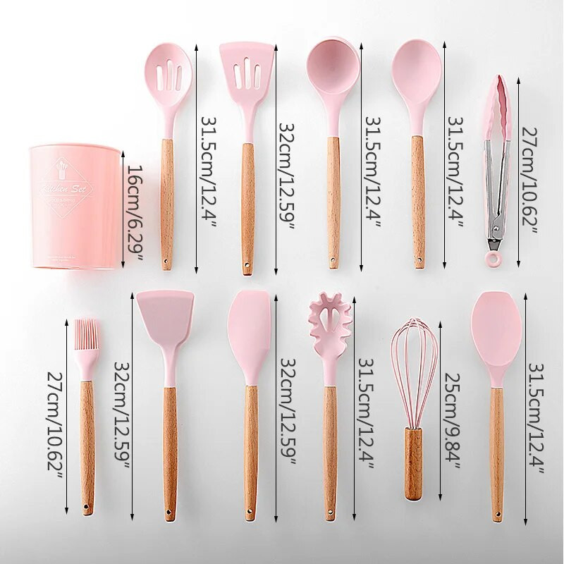 Virtuvės reikmenys Kepimo įrankiai Kietas virtuvės reikmenų rinkinys Medinė rankena su laikymo kibiru Rožinis silikoninis virtuvės reikmenų rinkinys 11 dalių