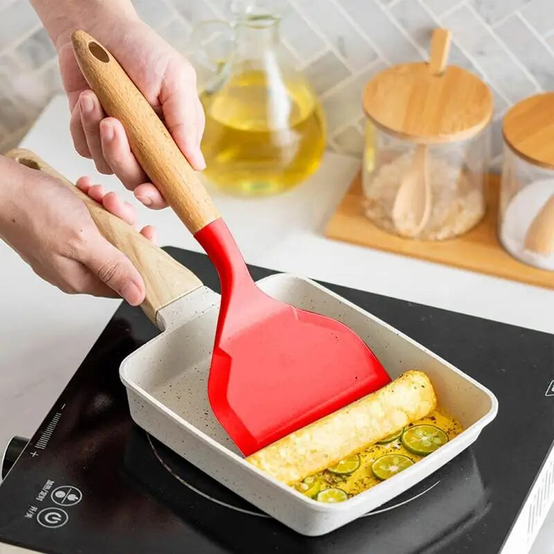 Silikoonist spaatliga Turner mittenakkuv silikoonist laia suuga praadimislabidas puidust käepidemega Köögividinad Kuumakindlad spaatlid
