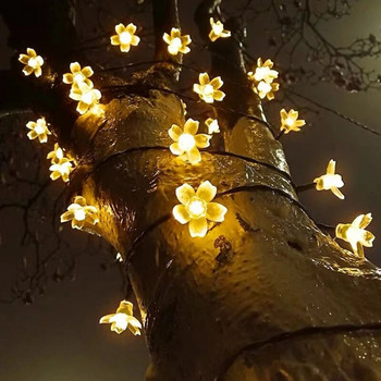 Слънчева градинска лампа 5 м 7 м 12 м Цвете на праскова Соларна лампа Мощност LED низ Приказни светлини Гирлянди Декорация на коледно дърво за открито