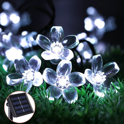 Saules dārza gaisma 5 m 7 m 12 m persiku zieds saules lampa, jaudas LED stīga, pasaku gaismas, vītnes Ziemassvētku eglītes dekors āra