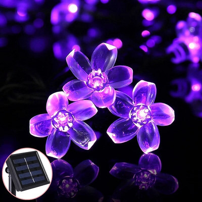 Saules dārza gaisma 5 m 7 m 12 m persiku zieds saules lampa, jaudas LED stīga, pasaku gaismas, vītnes Ziemassvētku eglītes dekors āra