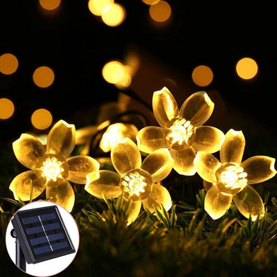 Saules dārza gaisma 5 m 7 m 12 m persiku zieds saules lampa, jaudas LED stīga, pasaku gaismas, vītnes Ziemassvētku eglītes dekors āra