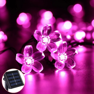 Saules dārza gaisma 5 m 7 m 12 m persiku zieds saules lampa, jaudas LED stīga, pasaku gaismas, vītnes Ziemassvētku eglītes dekors āra