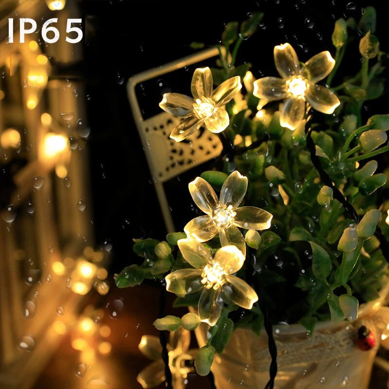 Saules dārza gaisma 5 m 7 m 12 m persiku zieds saules lampa, jaudas LED stīga, pasaku gaismas, vītnes Ziemassvētku eglītes dekors āra