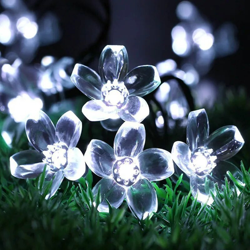 Saules dārza gaisma 5 m 7 m 12 m persiku zieds saules lampa, jaudas LED stīga, pasaku gaismas, vītnes Ziemassvētku eglītes dekors āra