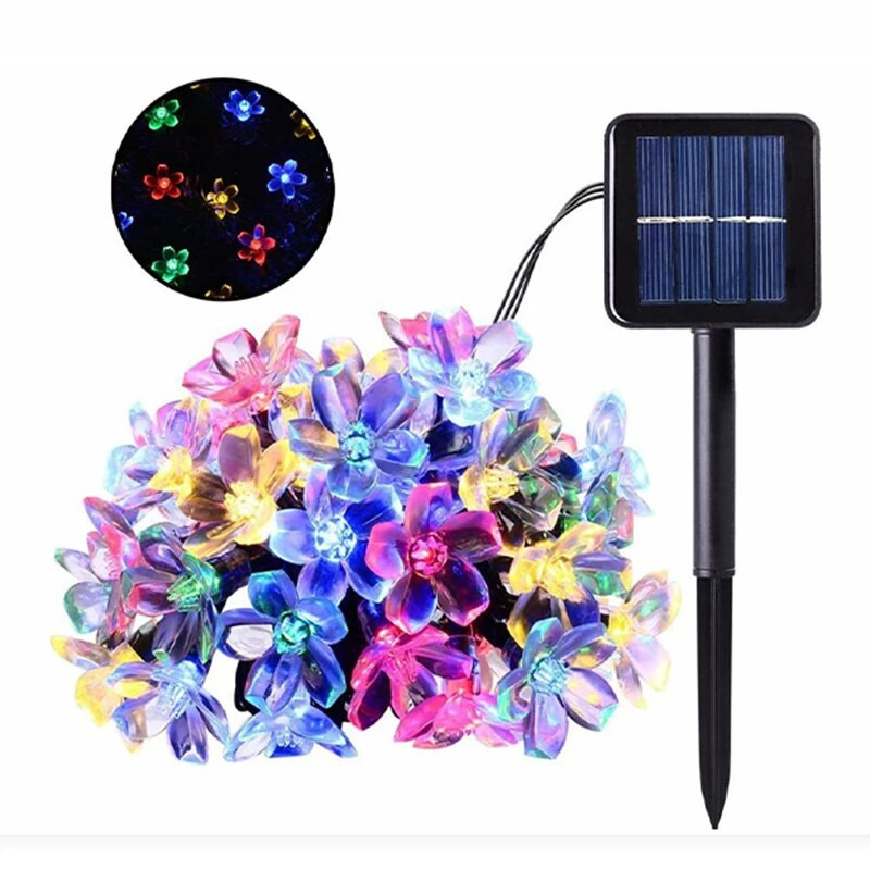 Saules dārza gaisma 5 m 7 m 12 m persiku zieds saules lampa, jaudas LED stīga, pasaku gaismas, vītnes Ziemassvētku eglītes dekors āra