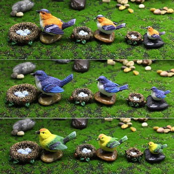 Многоцветни миниатюрни фигурки на птици Смесени размери Градински орнамент Симулация Модел на врабче Бонсай Смола за украса