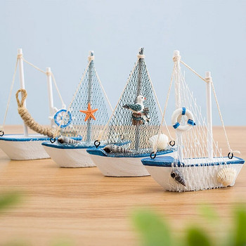 1 бр. Мини средиземноморски стил Морска морска дървена синя ветроходна лодка Кораб Дървени занаяти Морски орнаменти Парти стая Декорация на дома