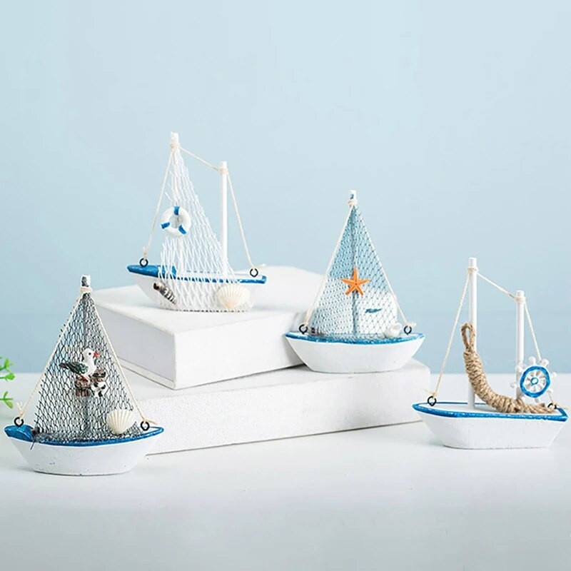 1gab Mini Vidusjūras stila jūras jūrniecības koka zila buru laiva Koka amatniecība Jūras rotājumi ballīšu telpas mājas dekorēšana