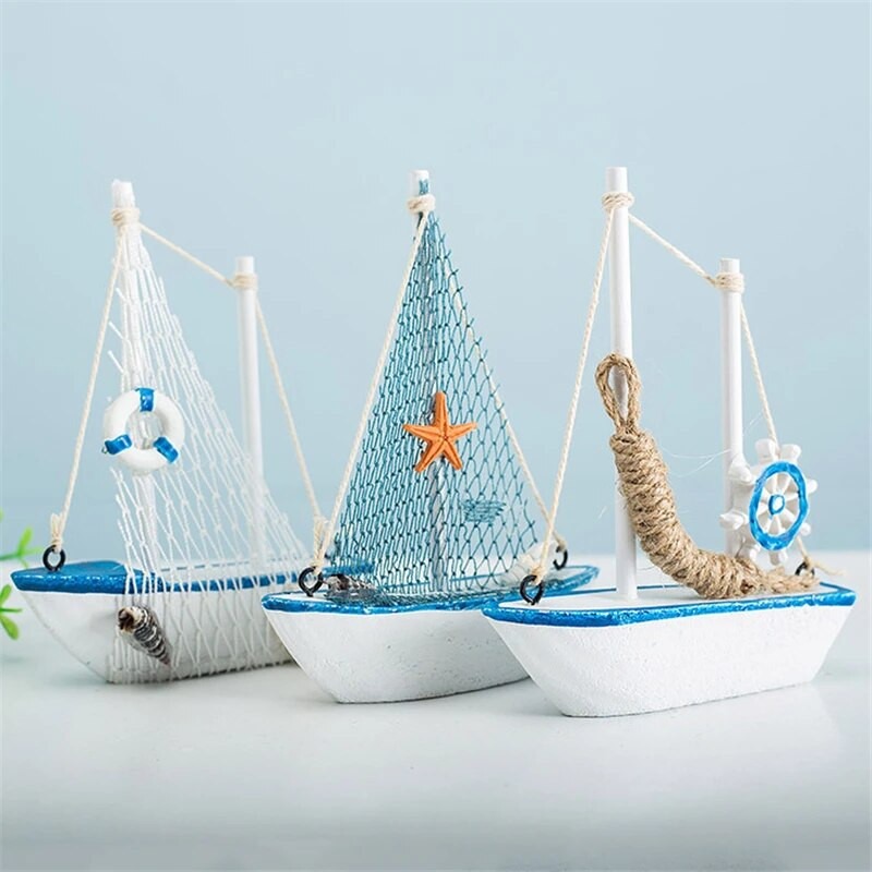 1gab Mini Vidusjūras stila jūras jūrniecības koka zila buru laiva Koka amatniecība Jūras rotājumi ballīšu telpas mājas dekorēšana