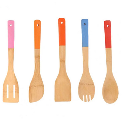 5gab/komplektā bambusa lāpstiņu komplekts pārtikas kvalitātes Easy Grip, garš rokturis, nepiedegošs karstumizturīgs gatavošanas lāpstiņu komplekts virtuvei