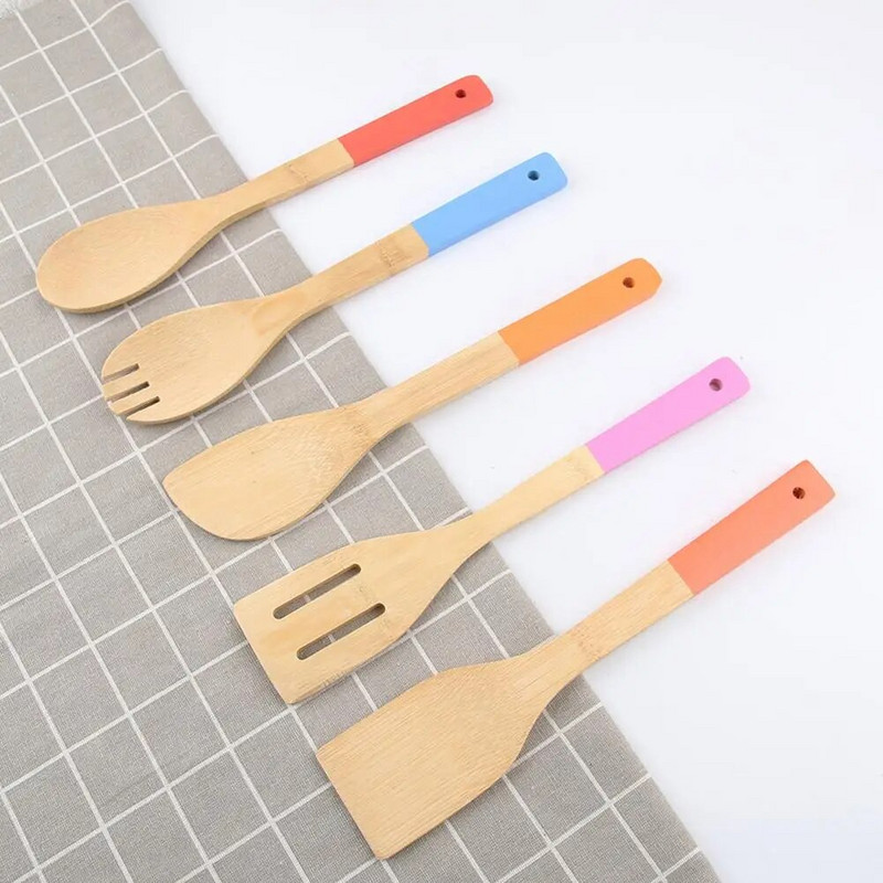 5gab/komplektā bambusa lāpstiņu komplekts pārtikas kvalitātes Easy Grip, garš rokturis, nepiedegošs karstumizturīgs gatavošanas lāpstiņu komplekts virtuvei