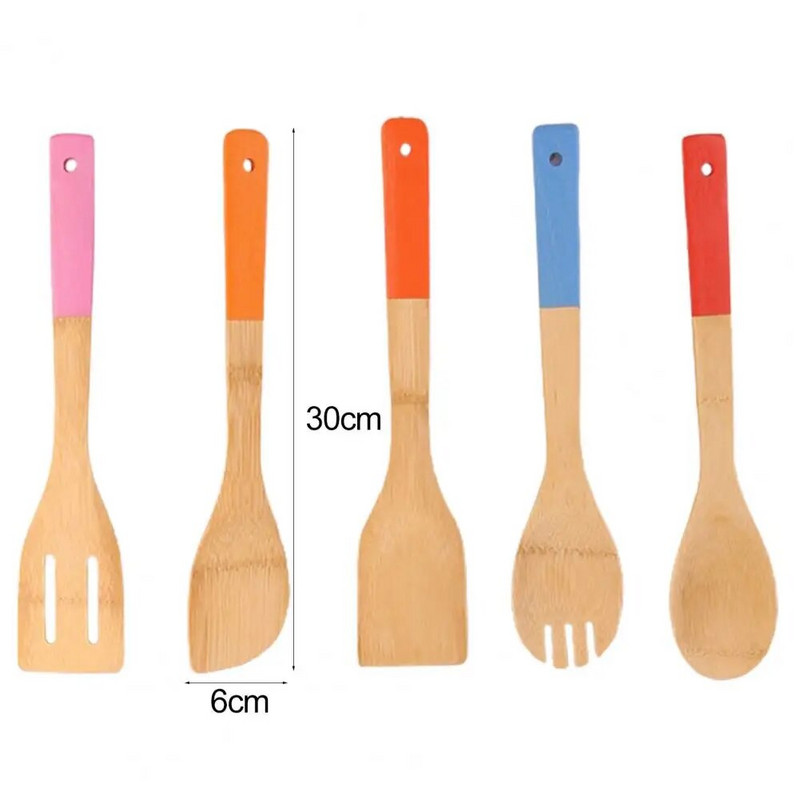 5gab/komplektā bambusa lāpstiņu komplekts pārtikas kvalitātes Easy Grip, garš rokturis, nepiedegošs karstumizturīgs gatavošanas lāpstiņu komplekts virtuvei