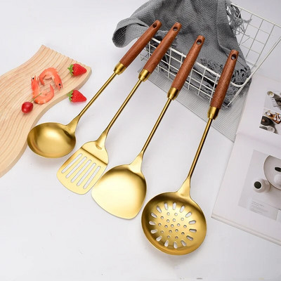 Rozsdamentes acél konyhai eszközök Sabli fa nyél spatula fekete spatula leveses kanál szivárgó spatula arany konyhai eszközök