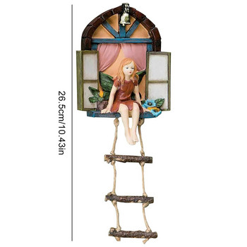 Приказна къща Дърво Висяща фигурка Прозорец Седяща приказна стълба Статуя от смола Занаят Външен орнамент за домашна градина Двор Арт декор