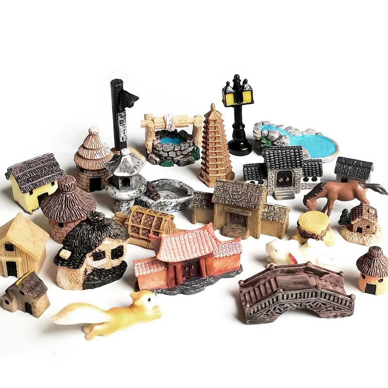 Ķīniešu antīka mini māja Retro ēka Mikro pasaku dārza figūriņas Miniatūras/terārijs vintage mājas dekori, rotājumi, paši izveidojiet