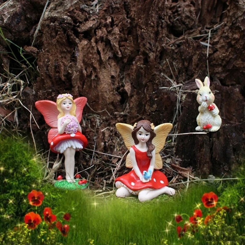 3db/szett Mini Tündér Nyúl figurák Gyanta Kert Tündérek Művészetek Szobor Kültéri Kert Udvar Gyep dekoráció Miniatűr szobrok
