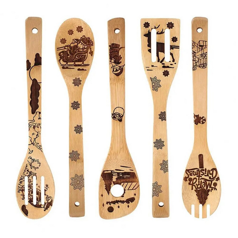 5 vnt. kepimo šaukštas, storas, karščiui atsparus bambuko nelipnus kastuvo rinkinys virtuvei