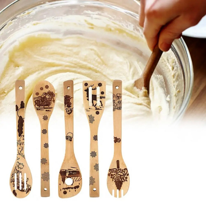 5 vnt. kepimo šaukštas, storas, karščiui atsparus bambuko nelipnus kastuvo rinkinys virtuvei