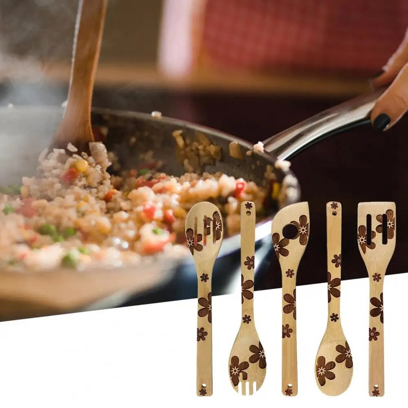 5 vnt. kepimo šaukštas, storas, karščiui atsparus bambuko nelipnus kastuvo rinkinys virtuvei