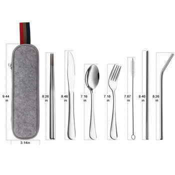 8 τμχ/σετ Επιτραπέζια σκεύη επαναχρησιμοποιήσιμα μαχαιροπίρουνα ταξιδιού Σετ σκευών κατασκήνωσης με ανοξείδωτο ατσάλι Spoon Fork Chopsticks Ψάθινα φορητή θήκη