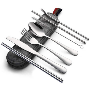 8 τμχ/σετ Επιτραπέζια σκεύη επαναχρησιμοποιήσιμα μαχαιροπίρουνα ταξιδιού Σετ σκευών κατασκήνωσης με ανοξείδωτο ατσάλι Spoon Fork Chopsticks Ψάθινα φορητή θήκη