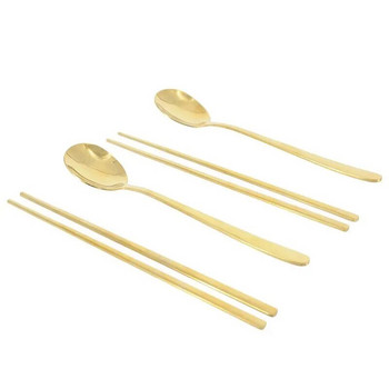 Комплект от 2 златни лъжици и пръчици от неръждаема стомана (твърди плоски пръчици) Комплект прибори за хранене