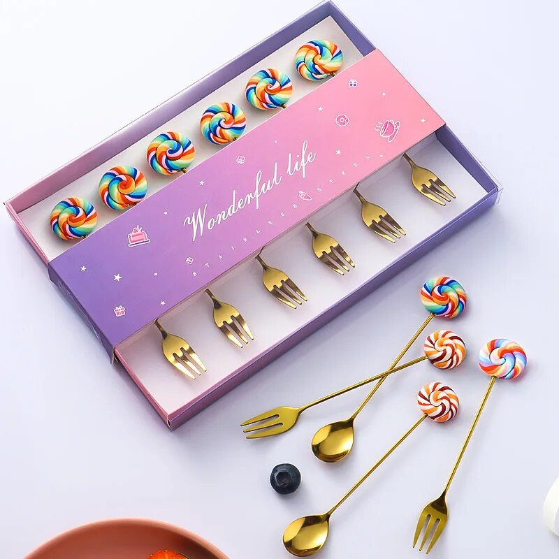 6 bucăți gogoși din oțel inoxidabil bomboane lingură furculițe cafea cu lapte linguri pentru amestecare unelte pentru prăjituri pentru desert set de tacâmuri linguriță veselă de bucătărie