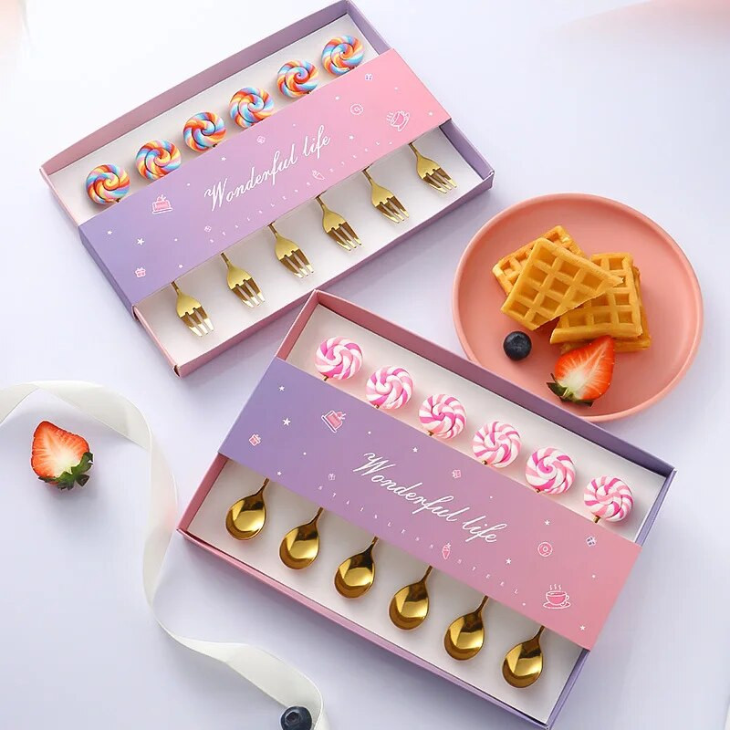 6 bucăți gogoși din oțel inoxidabil bomboane lingură furculițe cafea cu lapte linguri pentru amestecare unelte pentru prăjituri pentru desert set de tacâmuri linguriță veselă de bucătărie