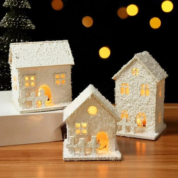 Коледна украса Коледна светодиодна дървена къща със снежинка Светеща коледна украса в кабината