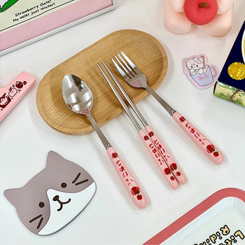 Cute Strawberry Korean Chopsticks Spoon Fork Σετ μαχαιροπήρουνων με θήκη Φορητό ταξιδιωτικό από ανοξείδωτο ατσάλι Επιτραπέζια σκεύη κουζίνας