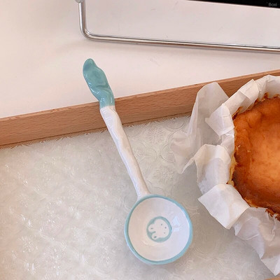 Jauka 1 gab zemeņu karote Cute Bear saldējuma deserta zupa Keramikas korejiešu karote ar garu rokturi Virtuves galda piederumu piederumi