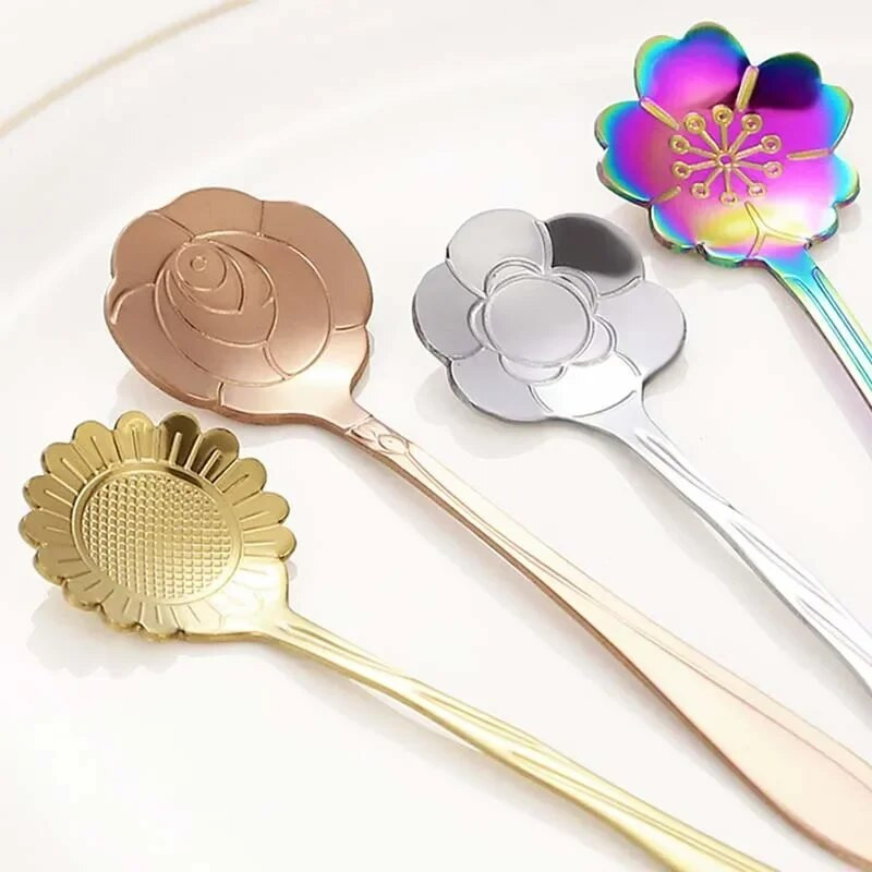 1/8 vnt gėlių arbatinių šaukštelių rinkinys nerūdijančio plieno ledų desertų šaukštas sidabrinis auksinis mažas kavos šaukštelis pieno maišymo įrankių indų rinkiniai