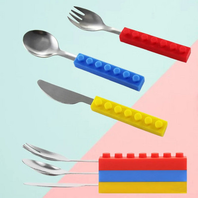 3 vnt Kūrybinės plytelės silikoninis nerūdijantis plienas Nešiojami kelioniniai vaikai suaugusiems skirtų stalo įrankių šakučių pikniko rinkinys Dovana vaikų pietums